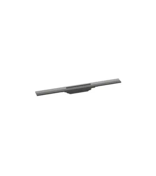 Hansgrohe Duschrinne in Brushed Black Chrome, flaches, lineares Design zur Wasserableitung, kürzbar, mit zentraler Deckelöffnung. Leicht zu integrieren in Duschbereichen.